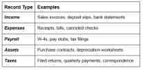 Table outlining essential business record types with examples, including income, expenses, payroll, assets, and tax documents.
