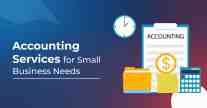 Illustration of accounting services featuring financial documents, calculator, folders, coins, and bookkeeping tools for small businesses.