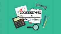 A flat-style illustration of bookkeeping and accounting tools including a calculator, notepad, magnifying glass, pens, and glasses on a teal background with bold text reading "Bookkeeping & Accounting.