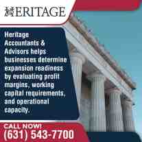 Heritage Accountants & Advisors graphic showing a classical building with pillars, highlighting services for evaluating profit margins, working capital, and operational capacity.