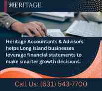 Heritage Accountants & Advisors promotional graphic showing hands working on financial documents, highlighting business accounting and advisory services in Long Island.
