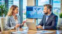 Business consultant meeting with a client to review financial reports, discuss business strategy, and analyze performance metrics using a laptop and presentation dashboard.