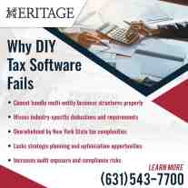 Advertisement listing reasons why DIY tax software fails businesses, with a background of a cluttered desk with a calculator and papers.