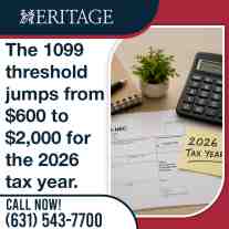 A 1099-NEC tax form showing a $2,000 threshold with a sticky note labeled 2026 Tax Year, calculator, and plant, featured alongside headline text from Heritage.