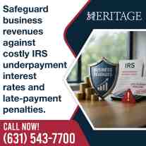 A metal shield labeled Business Revenues guarding stacked coins next to IRS underpayment interest rates and late-payment penalty documents from Heritage.