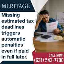 A stressed man at a desk looking at a late payment penalty notice next to a calendar, featuring a warning about missing estimated tax deadlines from Heritage.