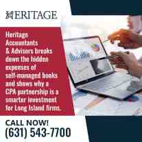 Heritage Accountants & Advisors graphic showing two professionals reviewing financial charts on a laptop, promoting CPA partnership as a smarter alternative to self-managed books for Long Island firms.