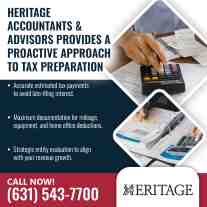 Heritage Accountants & Advisors graphic showing a calculator with receipts and a financial binder, listing three proactive tax preparation services: estimated payments, maximum deductions, and strategic entity evaluation.
