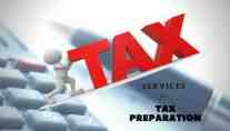 A 3D figure pushing large red "TAX" letters on a calculator background with text reading "Services for Tax Preparation.