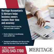 Heritage Accountants & Advisors graphic showing a professional reviewing financial charts with a calculator, listing three bookkeeping benefits: lender-standard reporting, reduced IRS risks, and transparent costs.
