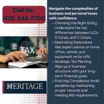 Ad for Heritage tax services showing a person working on taxes with a “TAX” label.