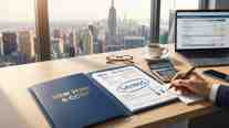 A blue folio laying on a wooden desk in a New York high-rise office with a laptop, calculator, and cup of coffee while a businessman's hand writes notes on savings on New York taxes.